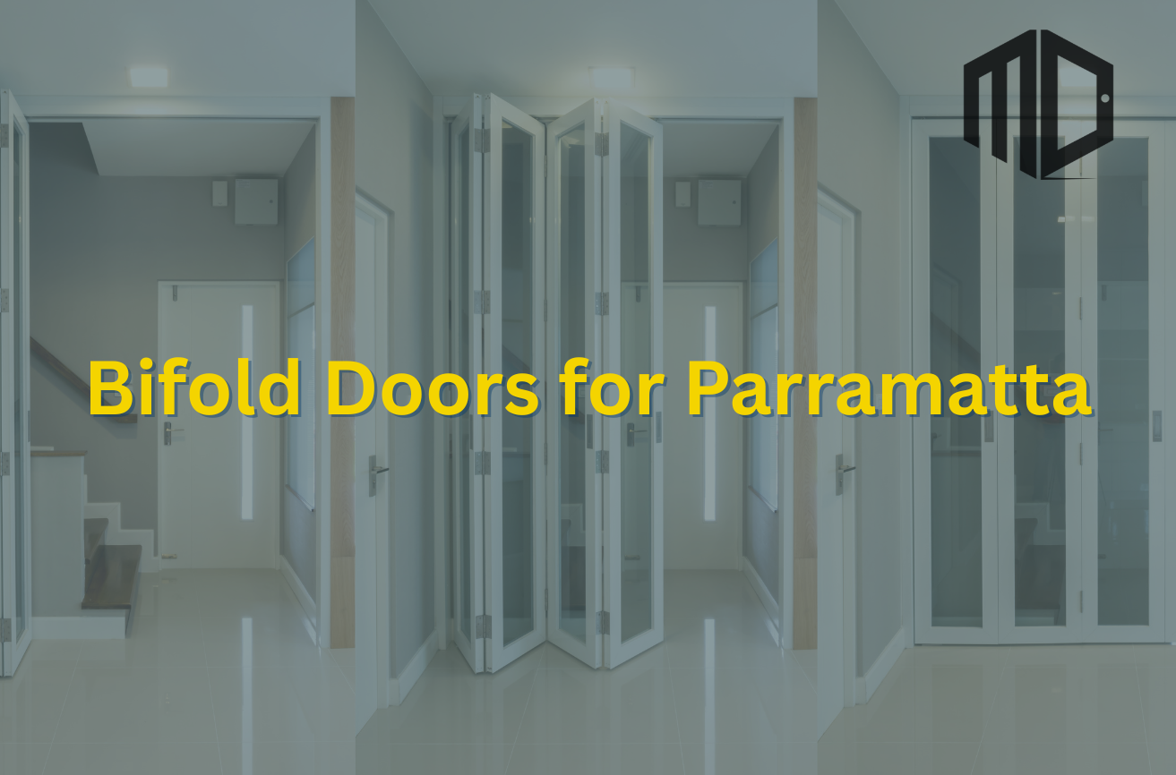 Feature Image titled "Bifold Doors for Parramatta" with the Meriton Doors Logo top right of the image with a semi-transparent background image of bifold doors.