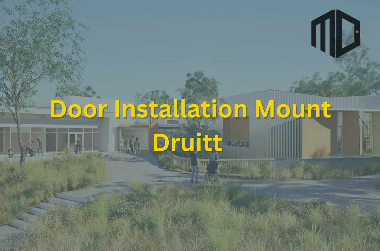Feature image titled "Door installation Mount Druitt" - with a semi transparent Meriton Doors logo front and centre, and a semi transparent background image of Mount Druitt suburb.