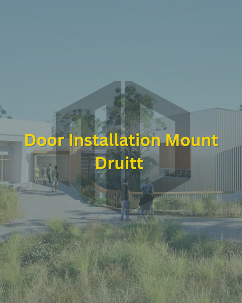 Verticle Feature image titled "Door installation Mount Druitt" - with a semi transparent Meriton Doors logo front and centre, and a semi transparent background image of Mount Druitt suburb.