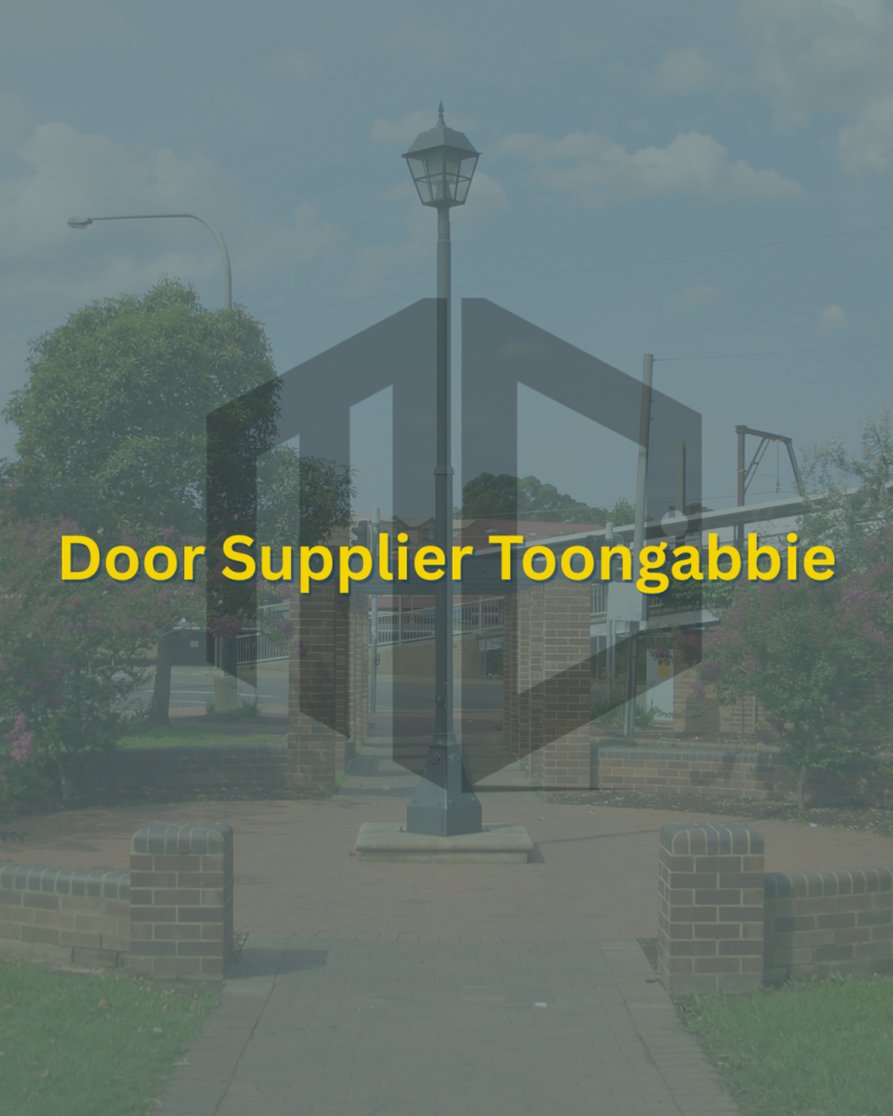 Verticle Feature image titled "Door Supplier Toongabbie" - with a semi transparent Meriton Doors logo front and centre, and a semi transparent background image of Toongabbie suburb.