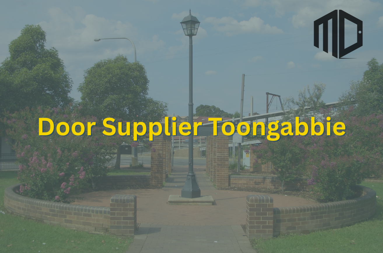 Feature image titled "Door Supplier Toongabbie" - with a semi transparent Meriton Doors logo front and centre, and a semi transparent background image of Toongabbie suburb.