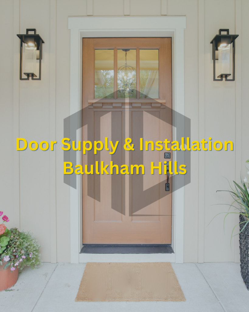 Verticle Feature image titled "Door Supply & Installation Baulkham Hills" with the Meriton Door Logo top right hand side, with an image of a renovated baulkham hills door.
