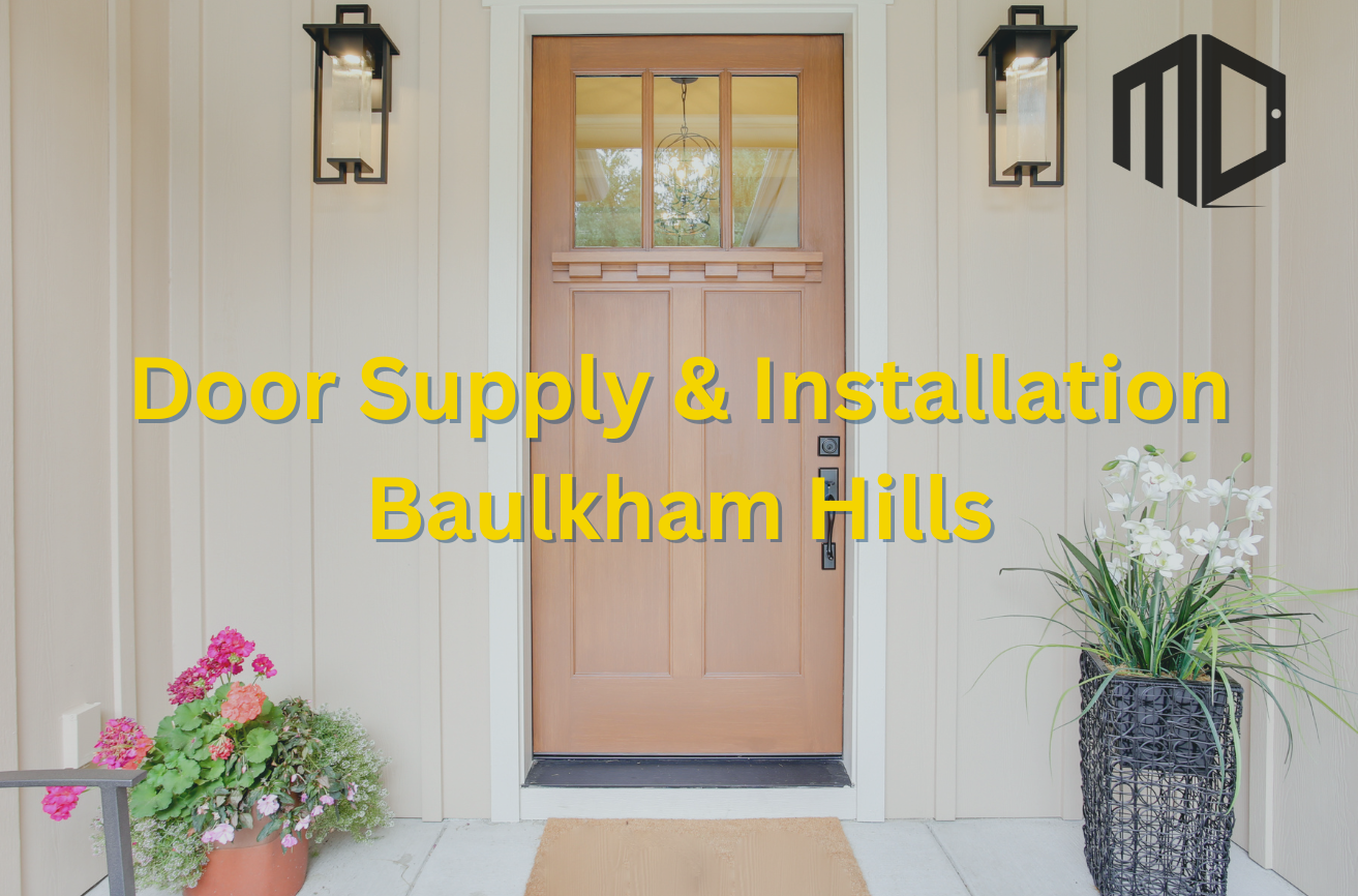 Feature image titled "Door Supply & Installation Baulkham Hills" with the Meriton Door Logo top right hand side, with an image of a renovated baulkham hills door.