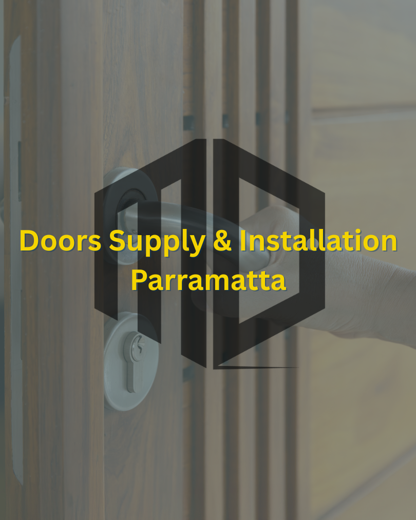 Verticle feature image titled "Doors Supply & Installation Parramatta" with the black Meriton Doors Company Logo front and centre of the page.