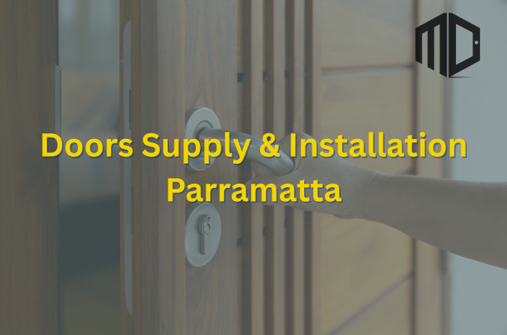 Feature image titled "Doors Supply & Installation Parramatta" with a semi-transparent green background image of a newly installed parramatta door - with the Meriton Doors logo top right of the screen