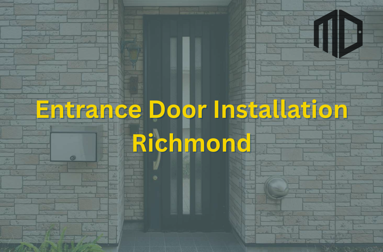 Entrance door installation in Richmond featuring a modern black front door with vertical glass panels on a brick home exterior